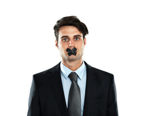 Secret, silence and portrait of a businessman with tape on lips isolated on a white background....
