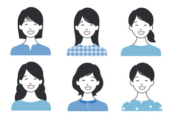にっこり笑顔の女性アイコンセット ヘアスタイル色々バリエーション 青B
