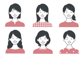 にっこり笑顔の女性アイコンセット ヘアスタイル色々バリエーション ピンクB
