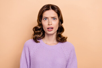 Photo of stressed depressed lady wear violet clothes impressed negative bad news russian agression isolated on beige color background