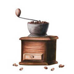 Watercolor illustration of wooden coffee grinder with coffee beens. Hand painting on a white isolated background. For designers, menu, shop, bar, bistro, restaurant, for postcards, wrapping paper
