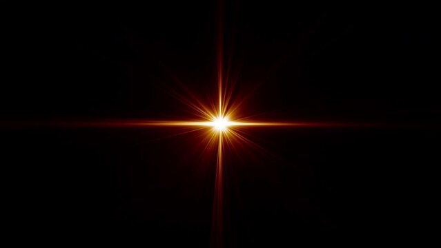 Loop center orange red rotating flickering star sun lights optical lens flares shiny animation art background. Lighting lamp rays effect dynamic bright video footage. Gold glow star optical flare moti