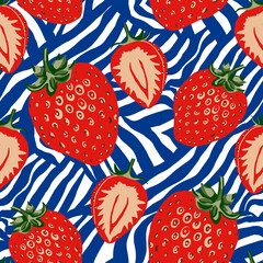 Strawberry seamless pattern. Striped background with blue and white. Summer, fruit, natural. For printing and design on fabric, paper and wallpaper.
