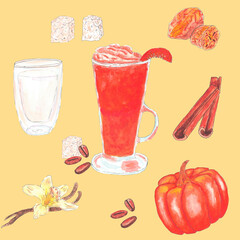 pumpkin latte coffee, Autumn food and drinks, tasty sweet desserts, seasonal
flavored products, Autumn Holiday Hot Drink, Coffee restaurant brochure, Spicy dessert, Pumpkin spice
recipe ingredients