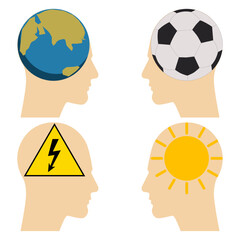 Flat profile of human head with moses in form of globe, soccer ball, sun and electric lightning sign isolated on white background vector