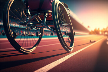 Close up of man in wheelchair sports on an outdoor Running track. Disabled athlete concept. Generative AI.