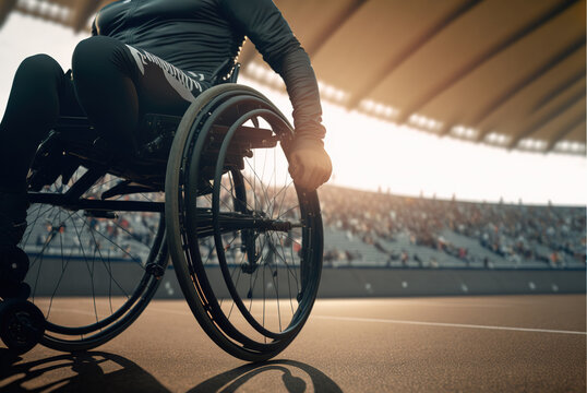 Close up of man in wheelchair sports on an outdoor Running track. Disabled athlete concept. Generative AI.