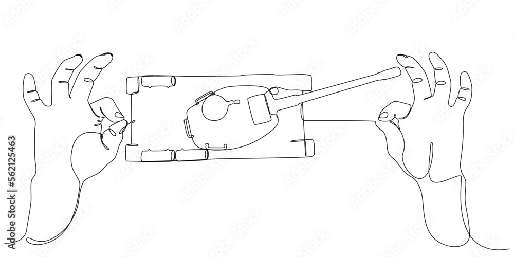 Poster one continuous line of two hand holding a string with armored tank. thin line illustration vector co