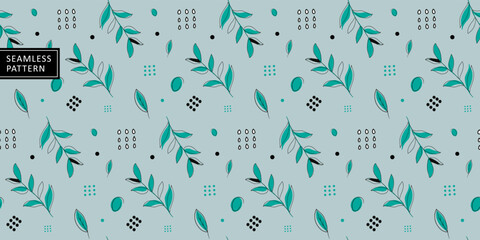 Gentle handmade vector seamless pattern in turquoise colors with leaves, branches for design, backgrounds, textiles, wrapping paper