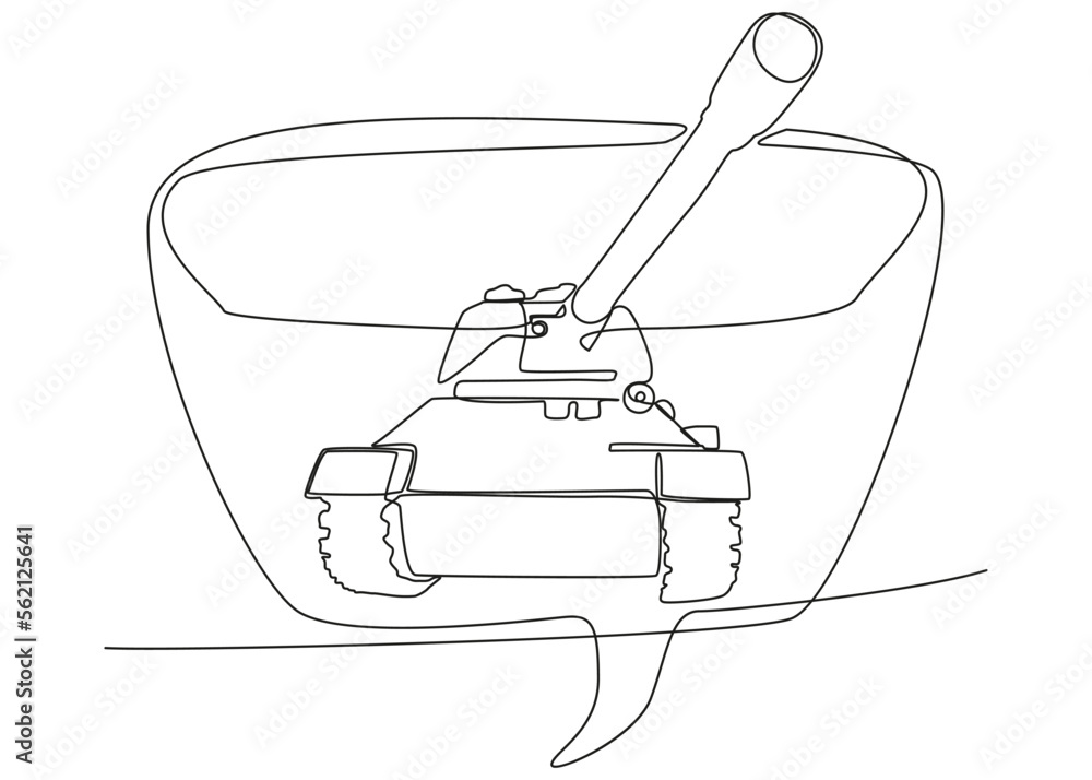 Poster one continuous line of speech bubble with armored tank. thin line illustration vector concept. conto