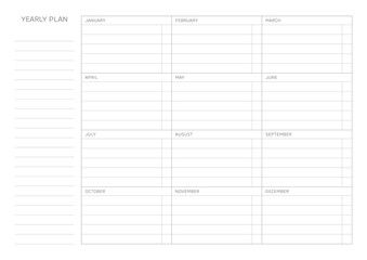 A year goal plan template with a simple and minimal style. Note, scheduler, diary, calendar planner document template illustration.