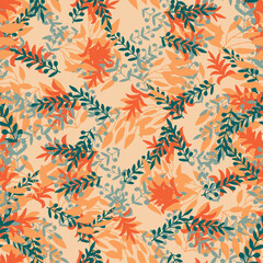 Obraz premium Abstract colorful doodle seamless pattern with leaves, plants, branches. Messy fantasy floral background.