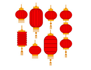 Fototapeta na wymiar Set of hanging red Chinese lanterns.Japanese lamps.Chinese or lunar new year.Oriental festival.Asia concept.Chinatown traditional.Sign, symbol, icon or logo isolated.Cartoon vector illustration.