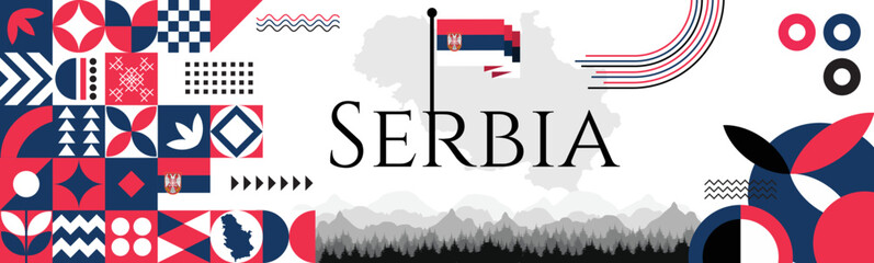 National Day of Serbia Banner with map, flag colors theme background and geometric abstract retro modern, red and blue design. Modern Vector Illustration art for Serbia Independence day.