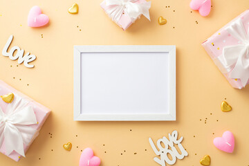 Valentine's Day concept. Top view photo of white photo frame present boxes with ribbon bows...
