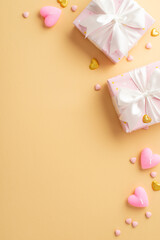 Valentine's Day concept. Top view vertical photo of pink present boxes with white ribbon bows golden hearts candles and sprinkles on isolated pastel beige background with copyspace