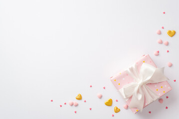Valentine's Day concept. Top view photo of pastel pink present box with silk ribbon bow golden hearts and sprinkles on isolated white background with copyspace