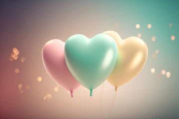 Fototapeta na wymiar Pastel balloon heart shape flying on bokeh light abstract background. Love and party concept. Generative AI