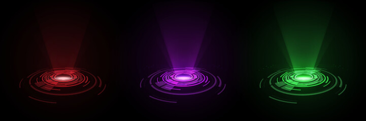 Color hologram portal. Magic fantasy portal. Magic circular podium for teleportation with a hologram effect. Vector glow rays.