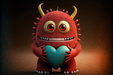 Adorable monster holding a heart. Cute valentines monster. Cute fluffy creature with a heart. Valentines day card. - obrazy, fototapety, plakaty