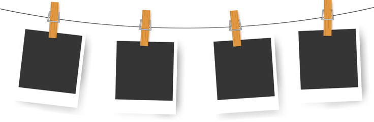 Snapshots attached to a clothespin. Realisctic retro photo frames. Booth empty teplate for collage