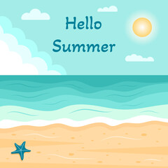 Fototapeta na wymiar Summer exotic seascape. Tropical beach with a starfish. Hello summer.