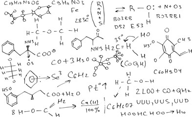 Chemical formulas and expressions. Vector scientific background. Handwritten on white.
