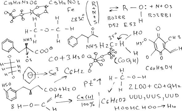 Chemical formulas and expressions. Vector scientific background. Handwritten on white.