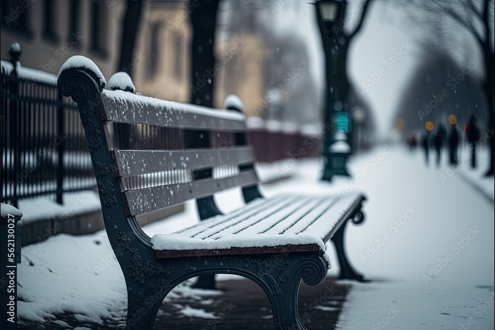 Poster a bench covered in snow next to a street light and a building with a clock on it's side and people w