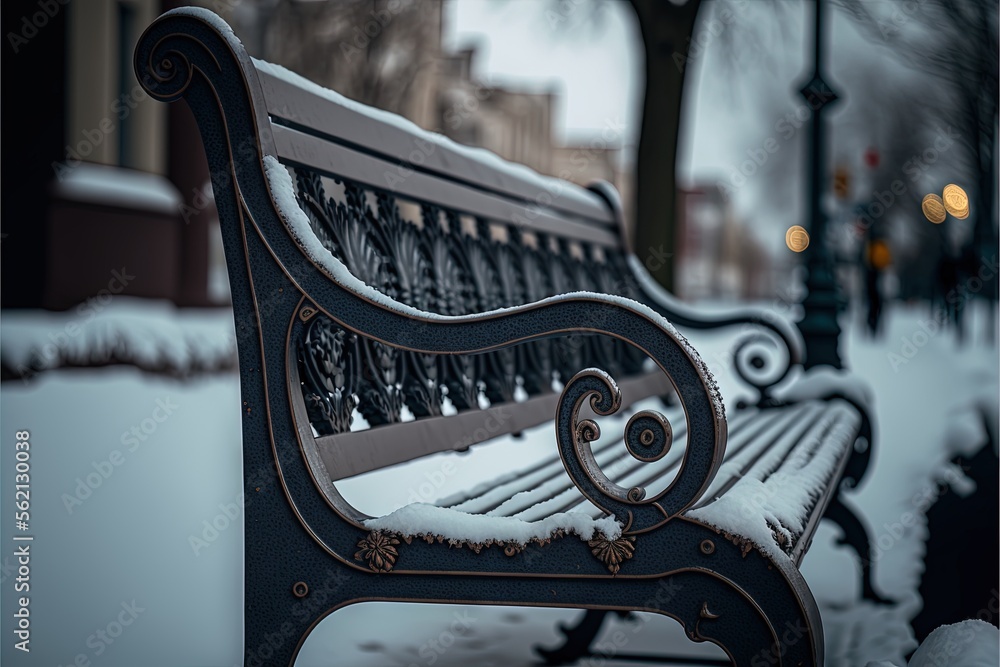 Poster a bench is covered in snow in a park area with a street light in the background and a building in th