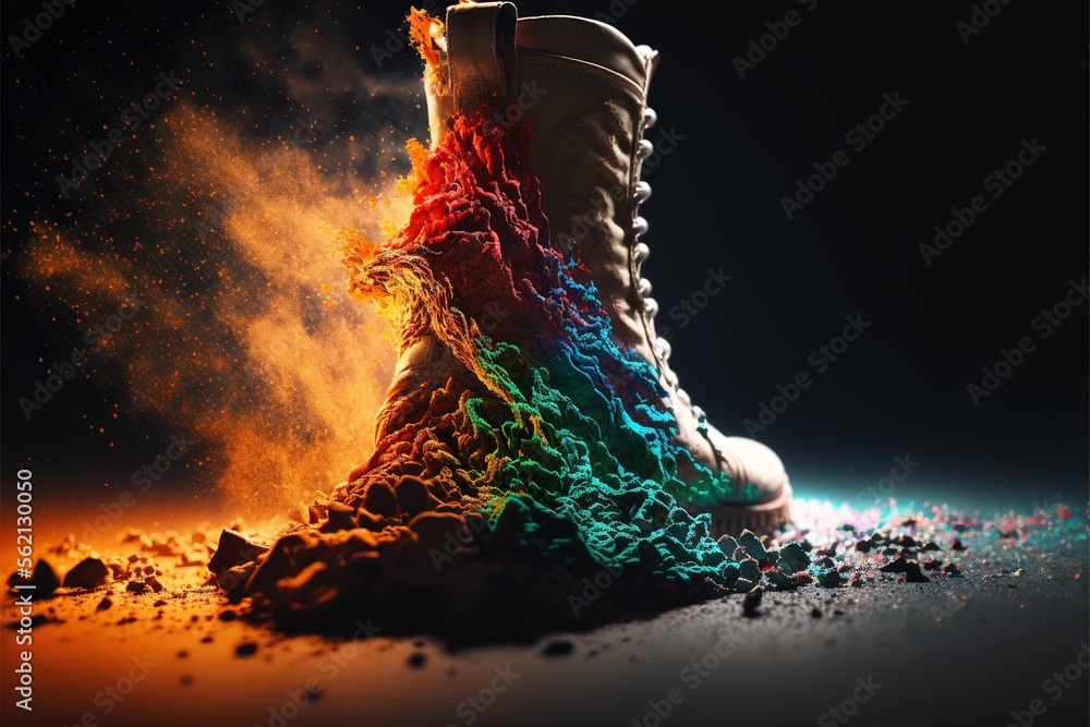 Poster a pair of shoes covered in colored powder on a black background with a black background and a black 