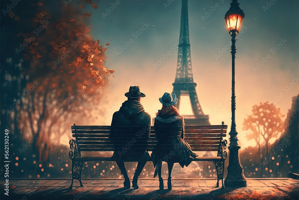 Poster a couple sitting on a bench in front of the eiffel tower at night with the lights on and the street 