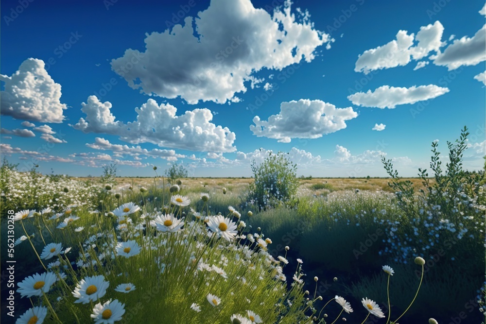 Poster a field of flowers and grass under a blue sky with clouds above it and a stream running through it, 