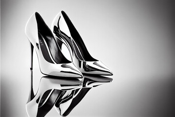 A pair of women's elegant high-heeled shoes. High-fashion. Reflective mirror surface.
