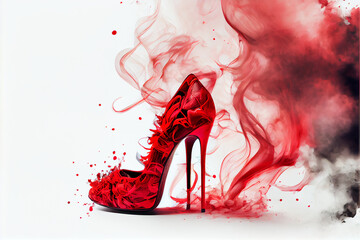 Elegant women's shoes of red color on a white background. Around the smoke.