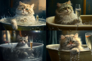 A cat with a glass of champagne relaxes while sitting in the bath. The cat is washing in the spa. AI generated.