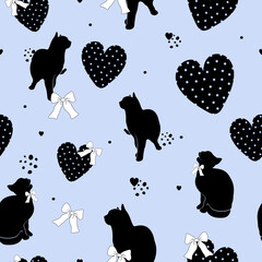 Cat, heart and bow seamless pattern. Prints, packaging template, textiles, bedding and wallpaper.