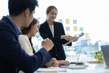 Business partnership meeting, Colleagues meeting to discuss project planning and market research for business profit growth. Collaboration of people in the organization.