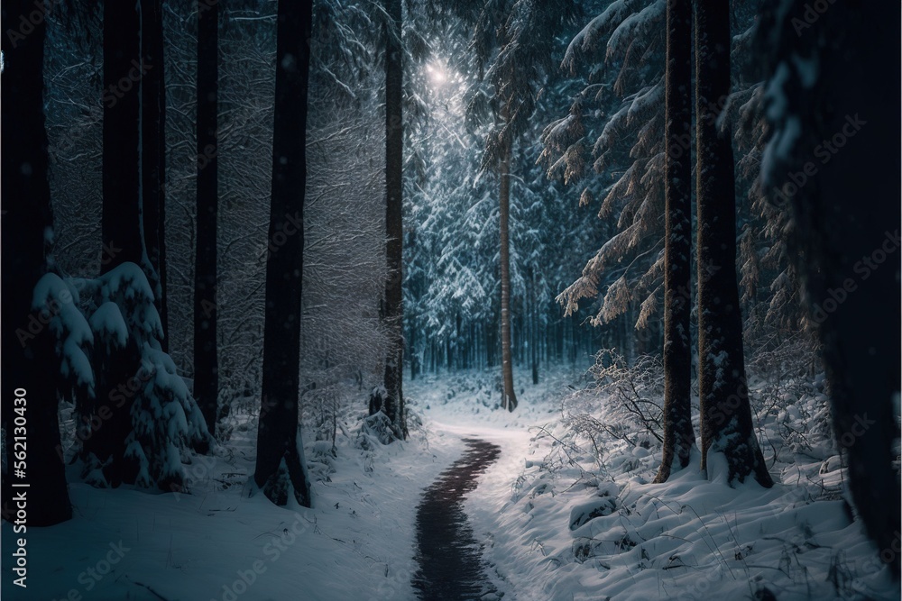Poster a path in a snowy forest with a full moon in the distance and snow on the ground and trees on either