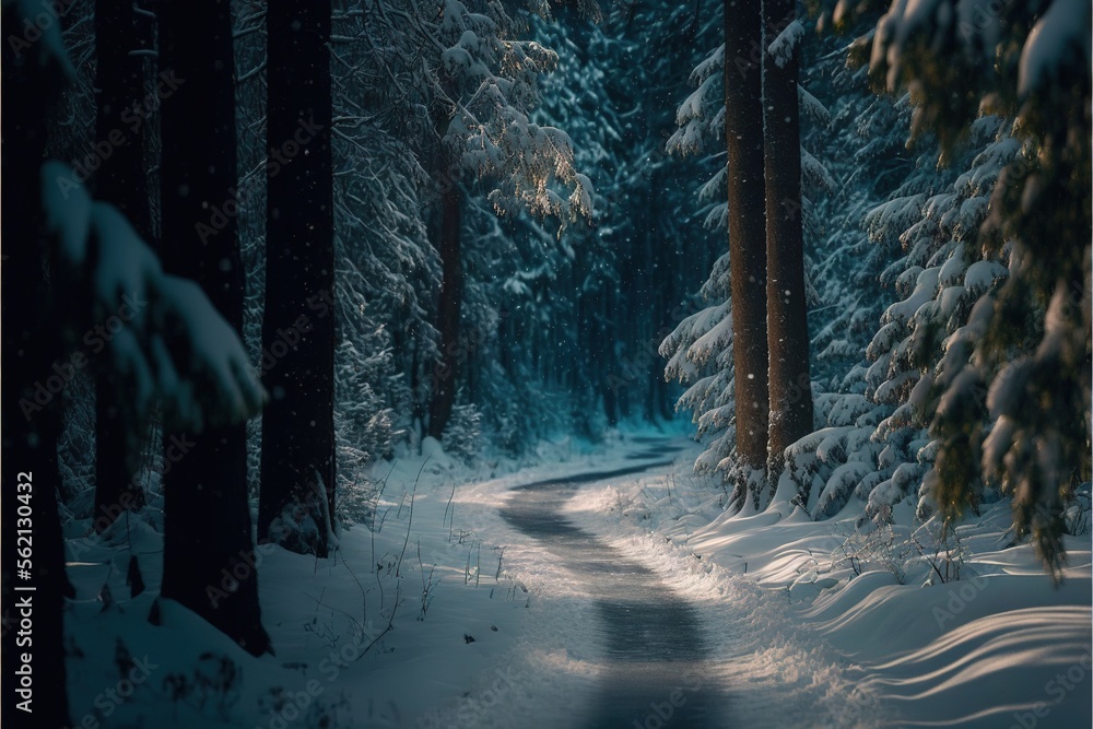 Poster a snowy path in a forest with trees and snow on the ground and a light shining on the trees and snow