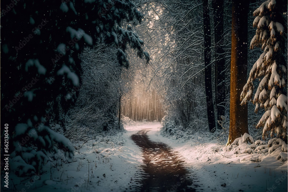 Poster a path through a snowy forest with a light shining through the trees on the right side of the path i