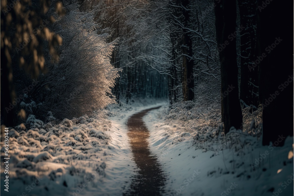 Poster a path in a snowy forest with trees and snow on the ground at night time with a light shining on the