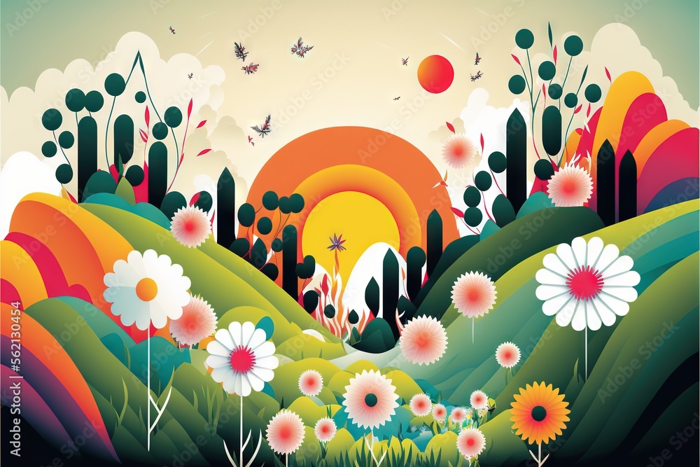 Poster a painting of a landscape with flowers and trees in the background and a bird flying over the horizo