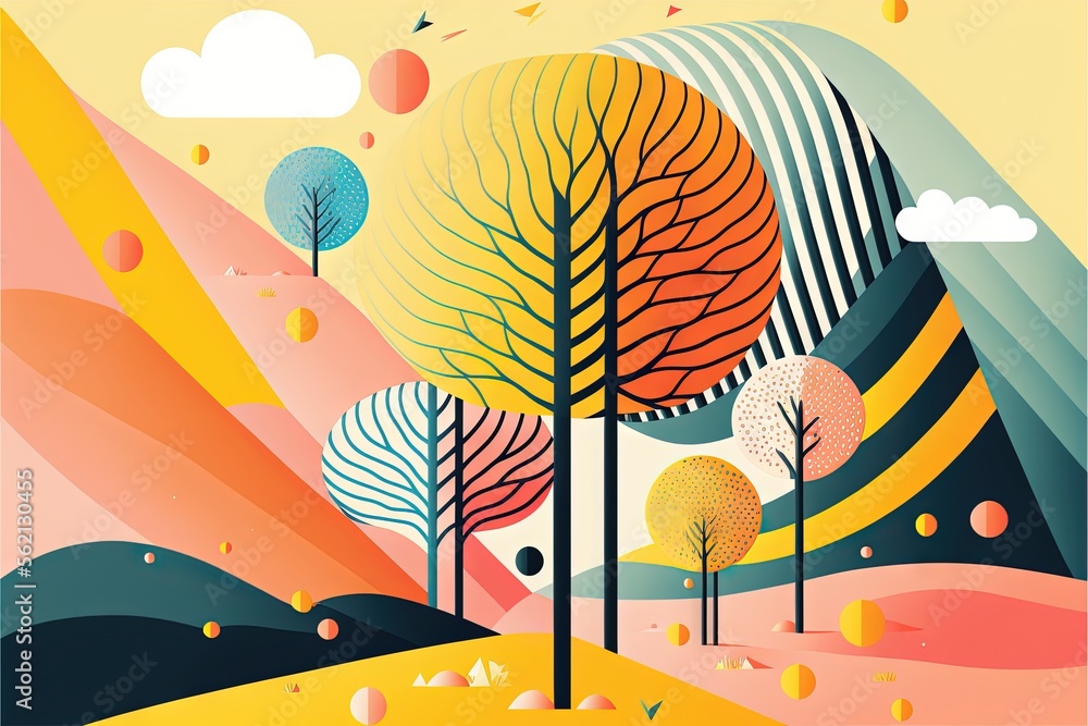 Poster  a painting of trees and mountains with clouds in the background and a bird flying over them in the sky above them is a yellow and orange sky with white clouds and a few yellow and., generative ai