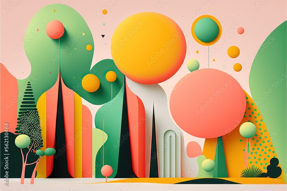 Poster a painting of a landscape with trees and bushes and a yellow ball in the middle of the picture and a