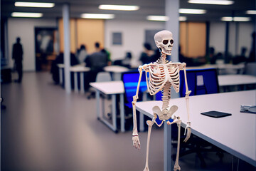 Human skeleton in the office. Work fatigue, burnout concept.