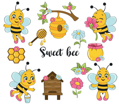 Cute little bee. Cartoon bee clipart. Isolated on white background