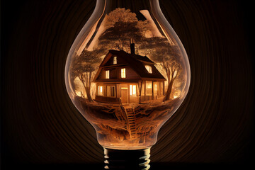 A small magical wooden house with luminous windows. House in a glass bottle, magical illustration.