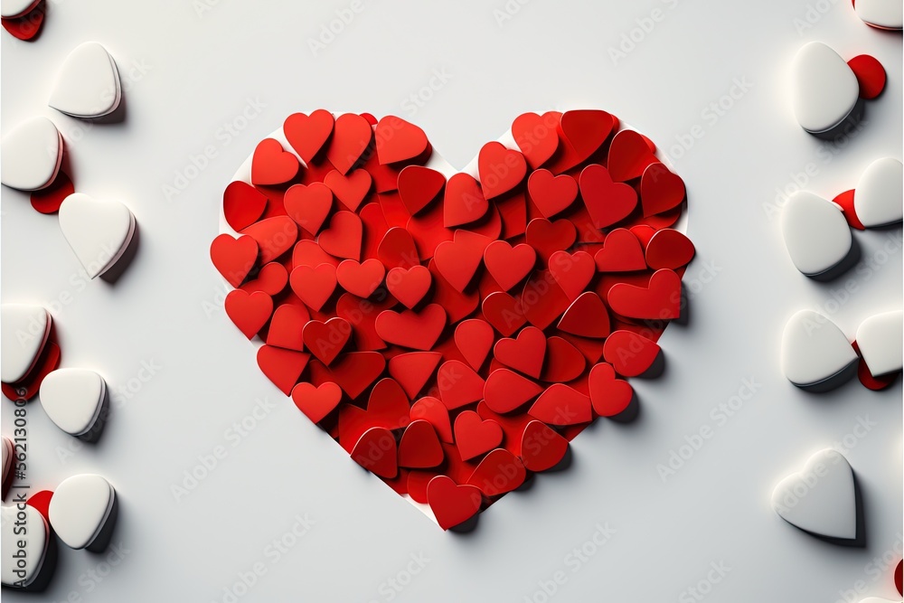 Poster a heart shaped object surrounded by smaller hearts on a white surface with a red center surrounded b