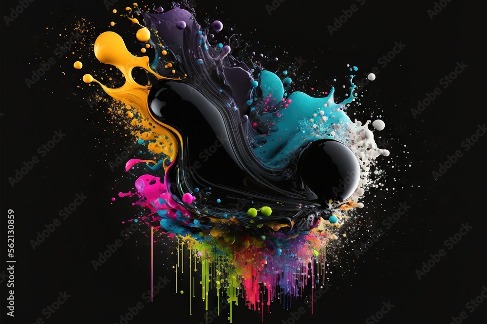 Poster a black background with colorful paint splatters and bubbles on it, and a black background with a bl